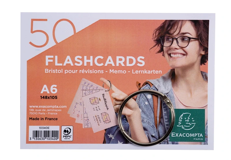 Exacompta - Ref 10340E - Box of 19 Packs of 50 flashcards in Film + Ring - Perforated Lined Bristol - A6 Format - Random Colour White, Blue, Yellow, Pink, Green