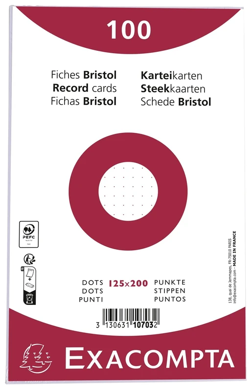 Exacompta - Ref 10703E - Box of 12 Packs of 100 Sheets in Film - Bristol dots not Perforated - Format 125 x 200 mm - Clairefontaine Paper PEFC Certified - White