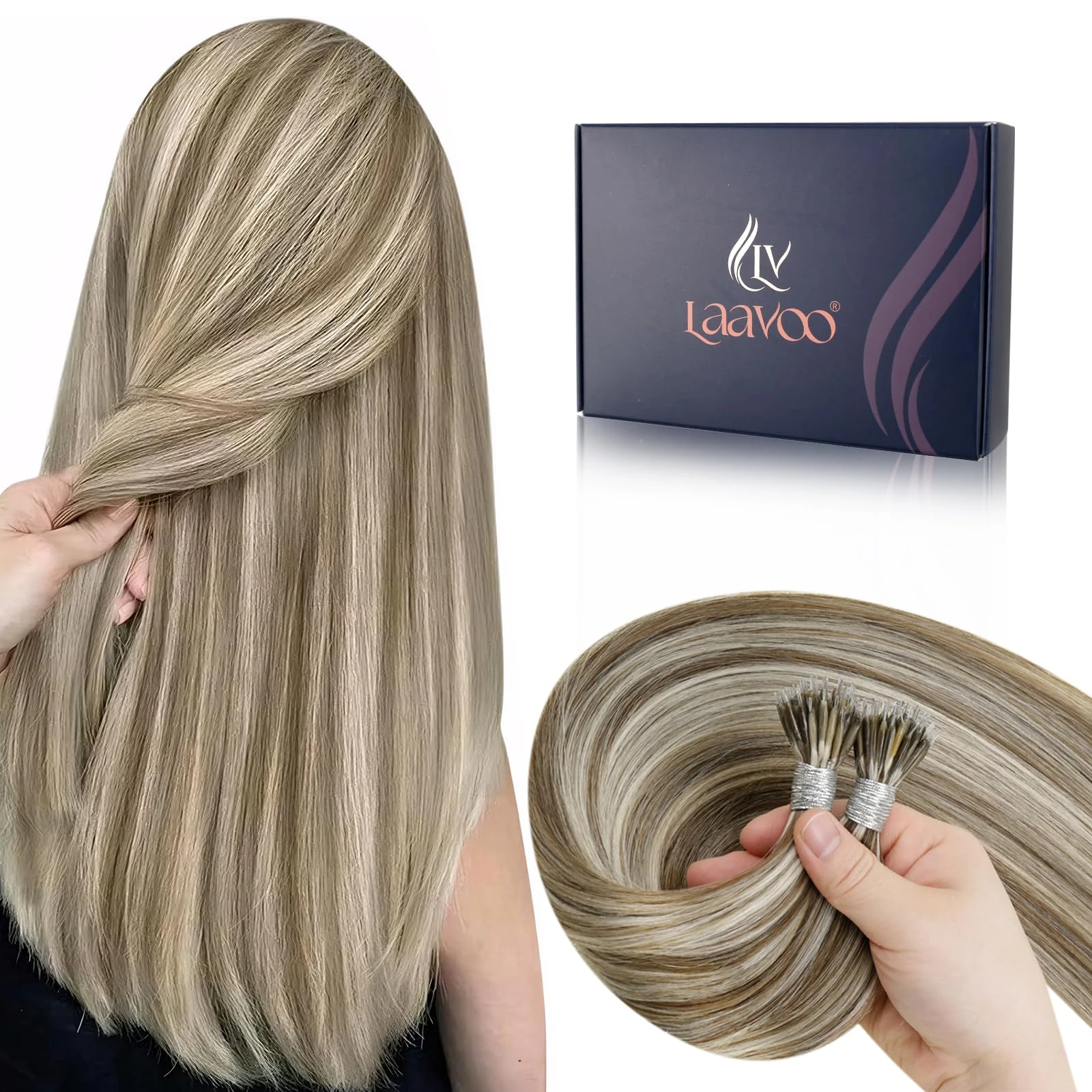 LaaVoo Nano Hair Extensions Real Human Hair Brown Nano Beads Hair Extensions Highlight Light Brown with Ashy Blonde Invisible Nano Ring Straight Remy Hair 50g 50s 14 Inch #p8/24