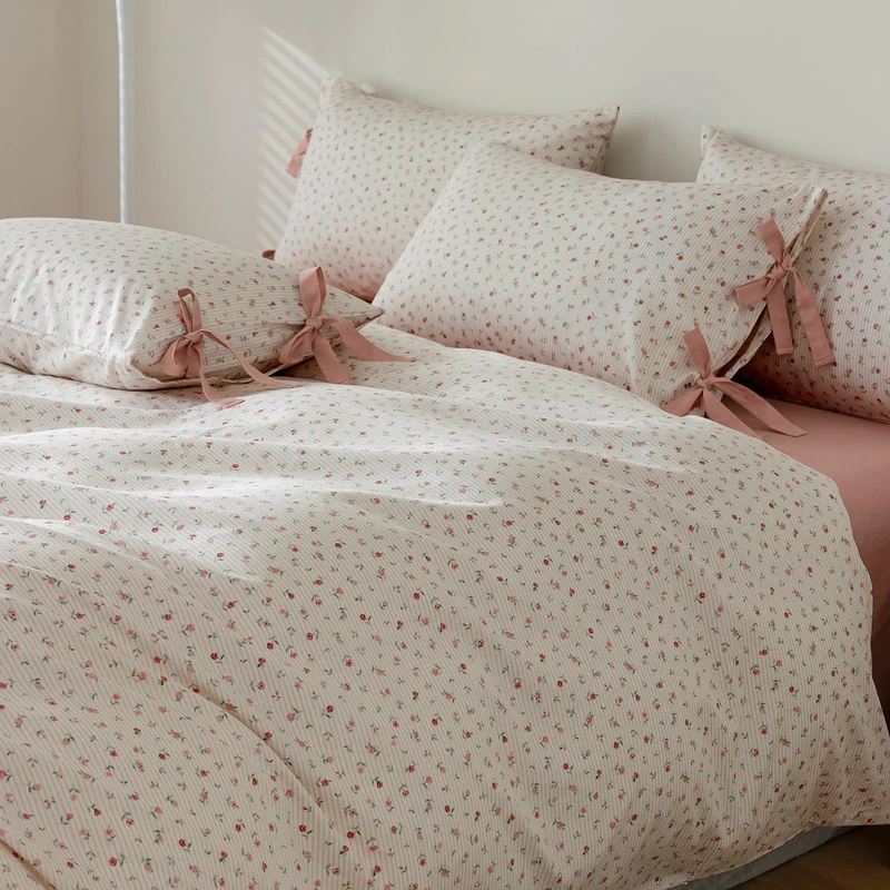 Floral Print Duvet Cover Full Size Cottage Pink Striped Bedding Set 3pcs