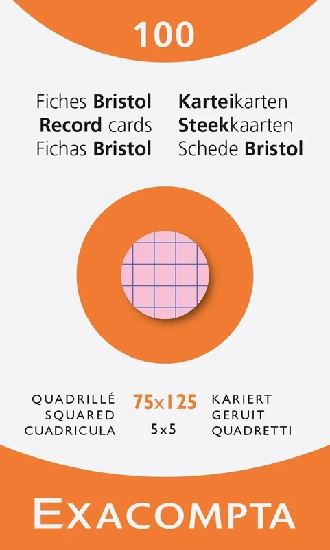 Exacompta - Ref 13271E - Box of 10 Boxes of 100 Index Cards Squared 5x5 unpunched - Format 75 x 125 mm - - Assorted Colours