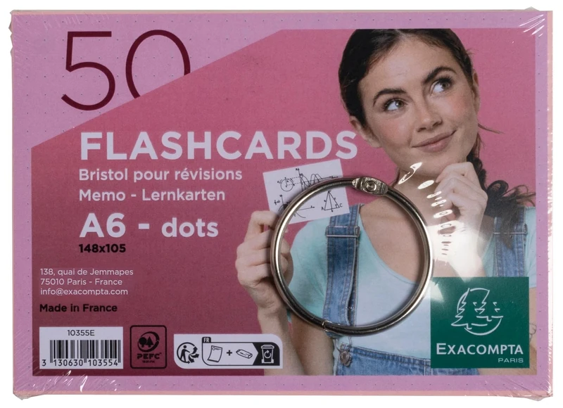 Exacompta - Ref 10355E - Box of 19 Packs of 50 flashcards in Film + Ring - Bristol dots Perforated - Revision Cards - 148 x 105 mm Format A6 - Pink - Image 1