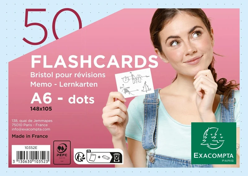 Exacompta - Ref 10352E - Box of 19 Packs of 50 flashcards in Film + Ring - Bristol dots Perforated - Revision Cards - 148 x 105 mm Format A6 - Blue