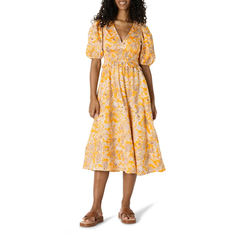 Amazon Essentials Women's Fit and Flare Cotton Sateen Puff Sleeve Midi Dress, V-Neck, Golden Yellow Beige Multi Folk Floral, M - Image 1