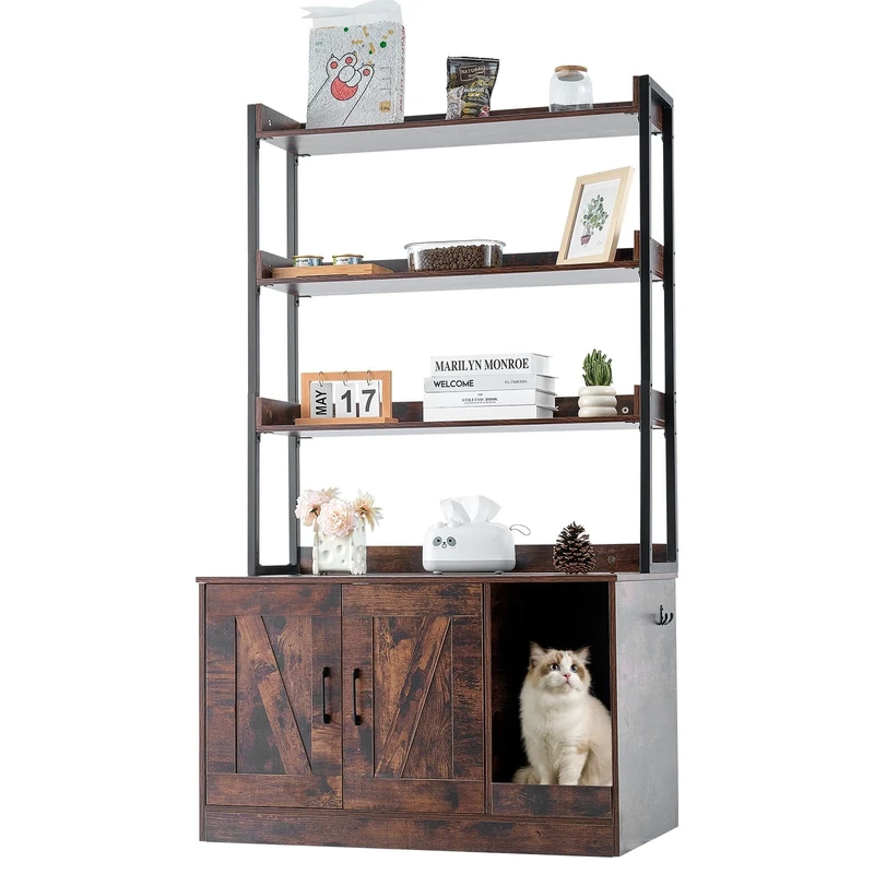 VEVOR Cat Enclosure - Hidden Litter Box Furniture With Storage Shelves, Wooden Indoor Cabinet Hidden Fit Most Box, 33.5"L x 19.3"W x 58.7"H, Dark Brown