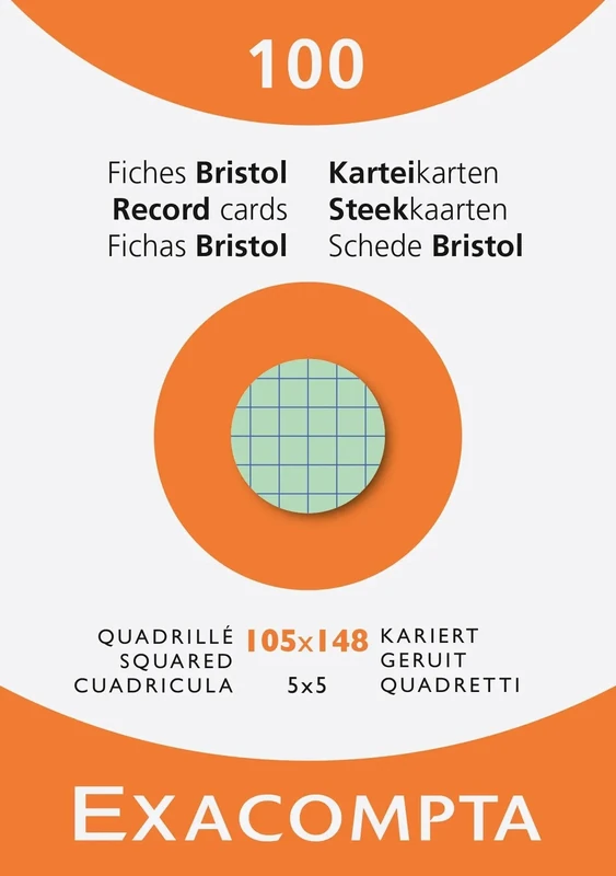 Exacompta - Ref 13479E - Box of 10 Boxes of 100 Index Cards Squared 5x5 unpunched - Format 105 x 148 mm - - Assorted Colours