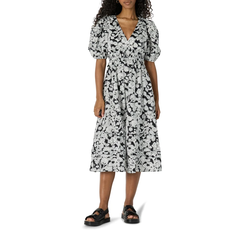 Amazon Essentials Women's Fit and Flare Cotton Sateen Puff Sleeve Midi Dress, V-Neck, Black Ivory Folk Floral, S