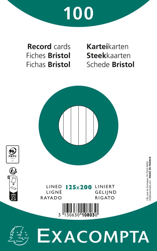 Exacompta - Ref 10803X - Box of 12 Packs of 100 unpunched Ruled Index Cards - in Film - Format 125 x 200 mm - White