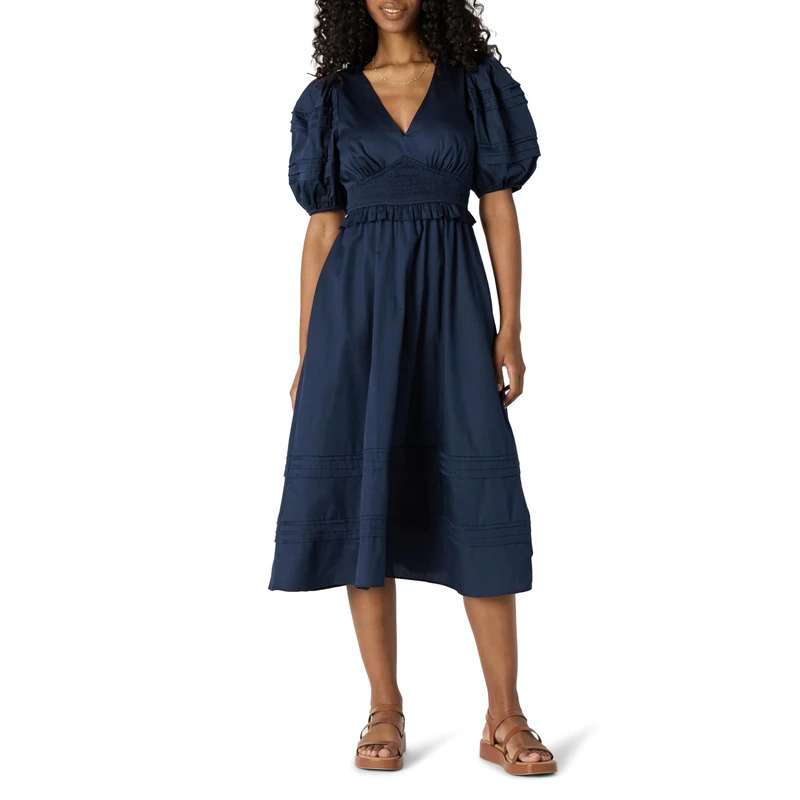 Amazon Essentials Women's Fit and Flare Cotton Sateen Puff Sleeve Midi Dress, V-Neck, Navy, XXL