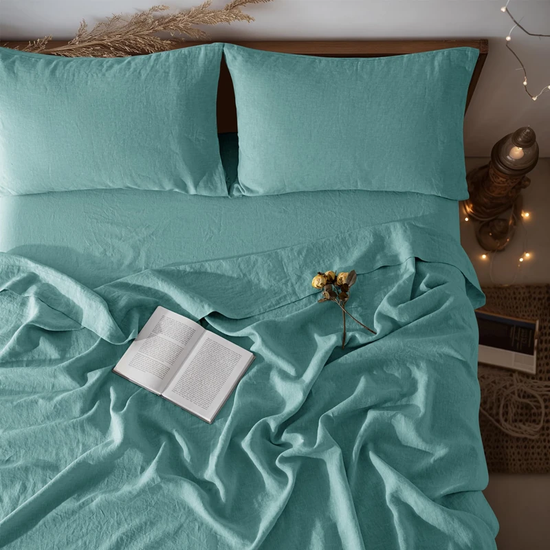 LBRO2M 100% Pure Linen Sheet Set Deep Pocket Up to 16" Bed Sheets Sets, Natural Flax Beddings Soft, Breathable, Comfortable for All Seasons 4 Pcs Sheet Set King Size, Aqua