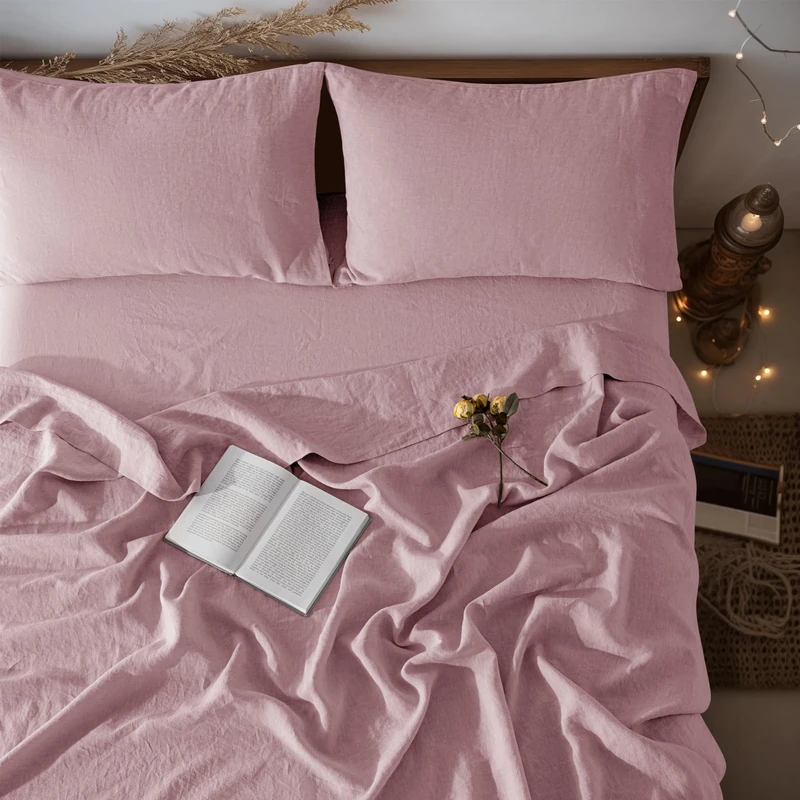 LBRO2M 100% Pure Linen Sheet Set Deep Pocket Up to 16" Bed Sheets Sets, Natural Flax Beddings Soft, Breathable, Comfortable for All Seasons 4 Pcs Sheet Set Queen Size, Embroidery Purple