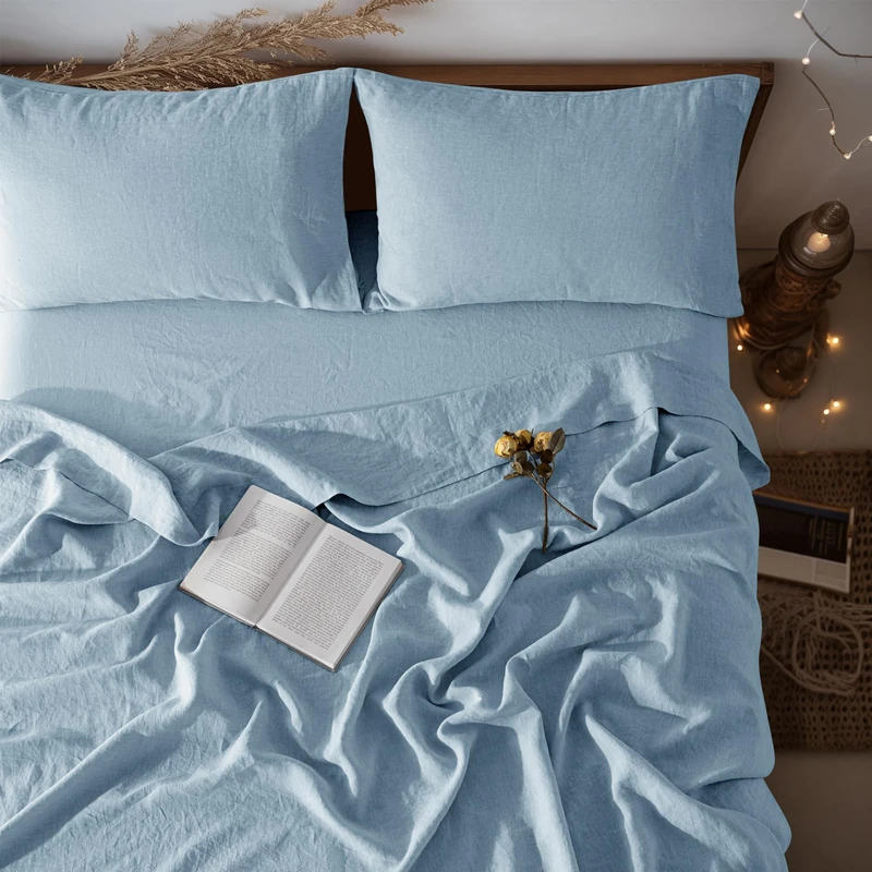 LBRO2M 100% Pure Linen Sheet Set Deep Pocket Up to 16" Bed Sheets Sets, Natural Flax Beddings Soft, Breathable, Comfortable for All Seasons 4 Pcs Sheet Set Queen Size, Dusty Blue