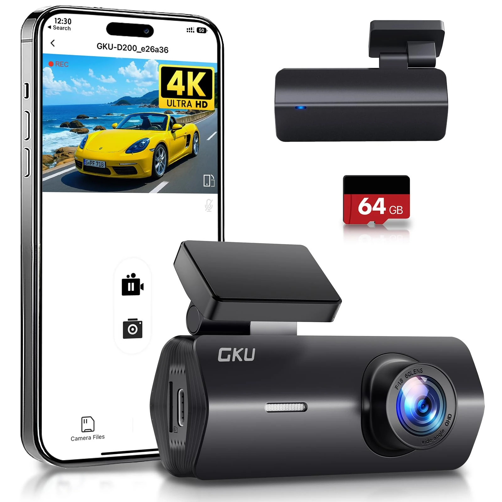 GKU 4K Dash Cam,Dash Cam Front with UHD 2160P, DashCam Built-in WiFi,24H Parking Monitor,Night Vision,WDR,170° Wide Angle,Loop Recording,G-Sensor,DashCam Front Includes 64GB SD Card,Supports 256GB Max