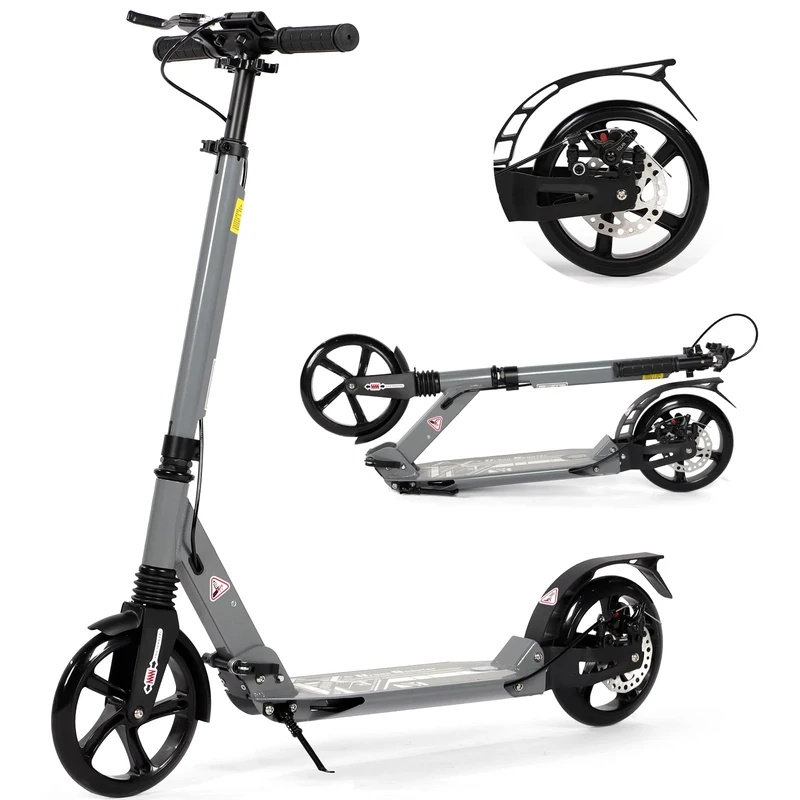 Kick Scooter for Kids Ages 8-12 and up, 200mm Big Wheels Scooter for Adults with Disc Brakes, Adult Scooters with Carry Strap and Double Shock Absorption, Foldable Scooters for Teenagers 11-15 (Grey)