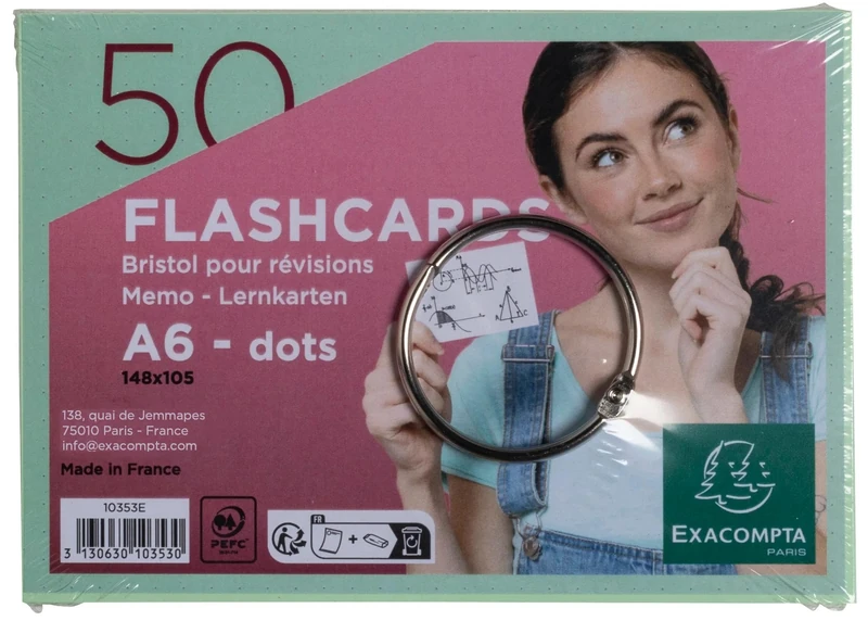 Exacompta - Ref 10353E - Box of 19 Packs of 50 flashcards in Film + Ring - Bristol dots Perforated - Revision Cards - 148 x 105 mm Format A6 - Green - Image 1