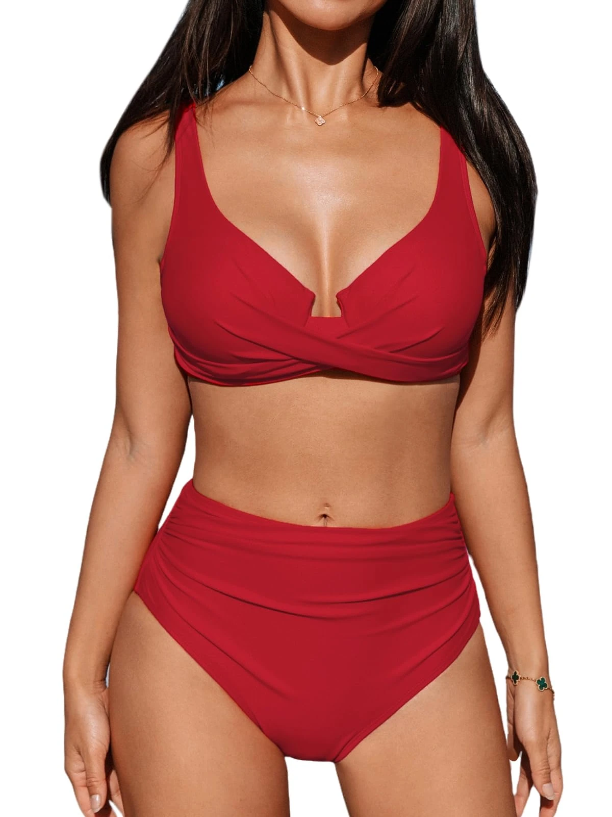 CUPSHE Women's Bikini Sets High Waisted Underwire Adjustable Straps Ruched Full Coverage Bottom Two Pieces Swimsuit Solid Red M