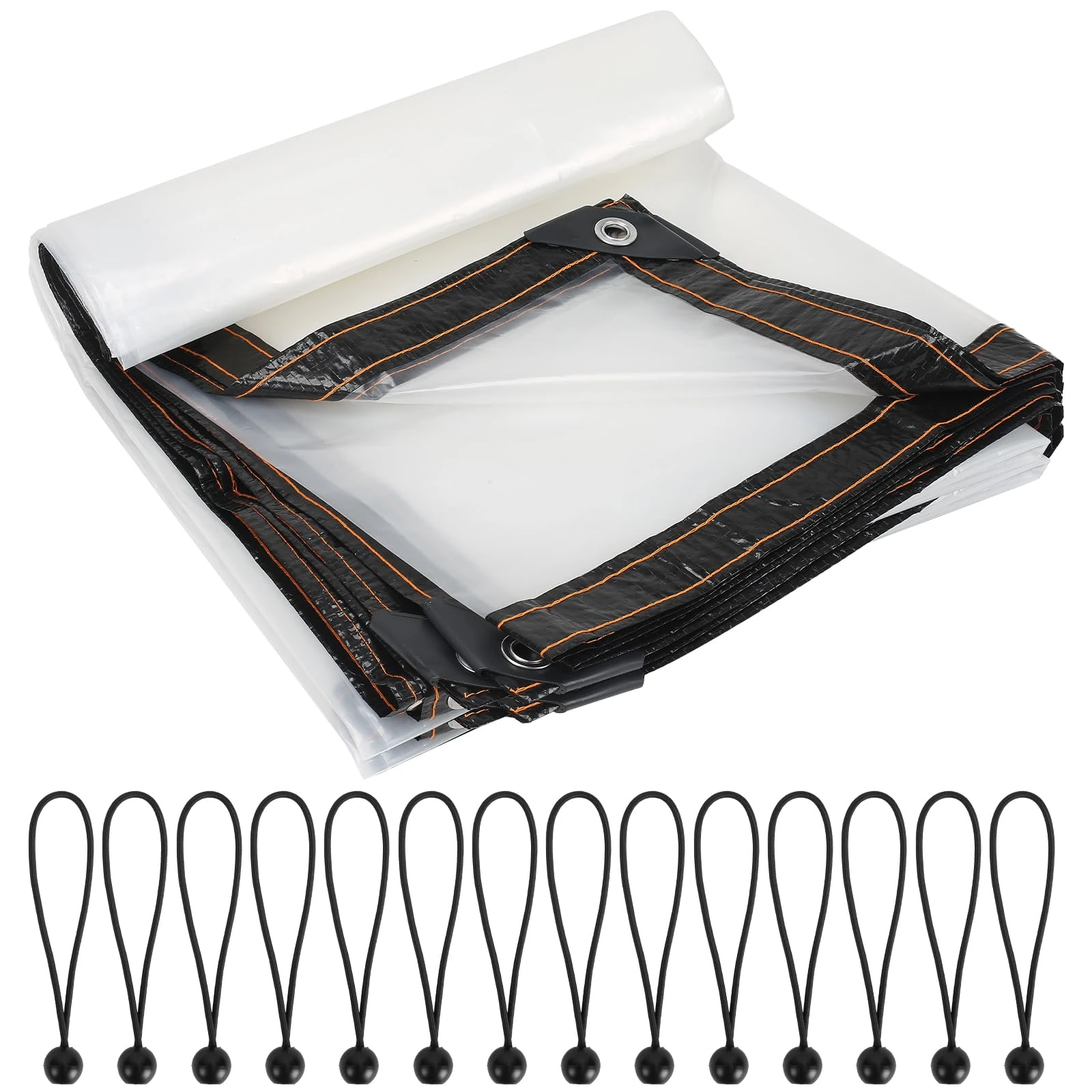 Luabue 2M X 5M Clear Tarpaulin Waterproof Heavy Duty Large Transparent Tarpaulin Sheet with Eyelets Plastic Tarp Cover with 14Pcs Bungees Ball Cord for Greenhouse Garden Outdoor Furniture Chicken Shed