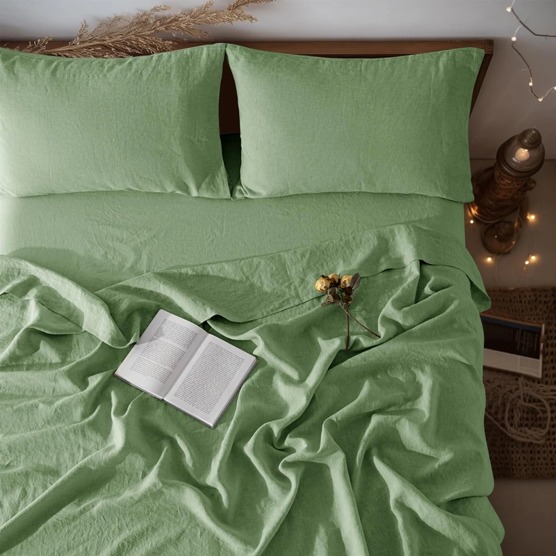 LBRO2M 100% Pure Linen Sheet Set Deep Pocket Up to 16" Bed Sheets Sets, Natural Flax Beddings Soft, Breathable, Comfortable for All Seasons 4 Pcs Sheet Set Queen Size, Green