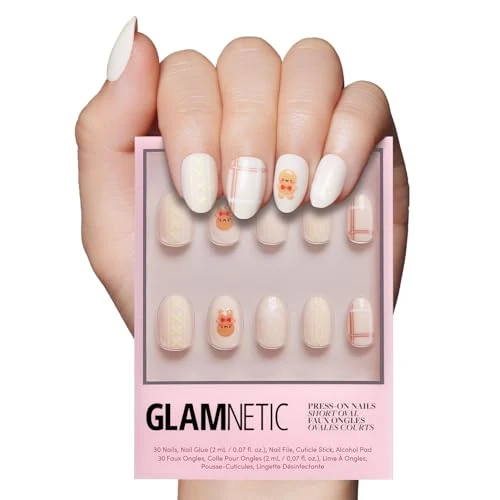 Glamnetic Press On Nails - Gingerbread Knit | Graphic Gingerbread Sweater Knit 3D Opaque Short Oval Fake Nails in a Glossy & Matte Finish, Salon Quality | 15 Sizes - 30 Nail Kit