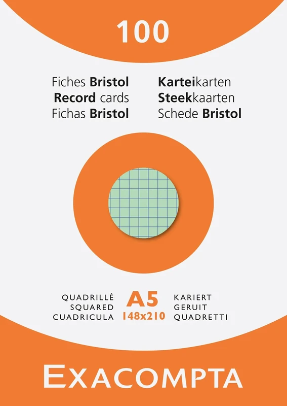 Exacompta - Ref 13378E - Box of 10 Boxes of 100 Index Cards Squared 5x5 unpunched - Format 148 x 210 mm - - Assorted Colours