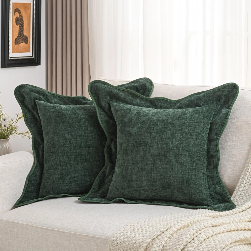 FUTEI Christmas Dark Green Decorative Throw Pillow Covers 22x22 Inch Set of 2,Double Stitch Scalloped Bordered Soft Chenille Cushion Cases,Modern Home Decor for Couch Bed Living Room