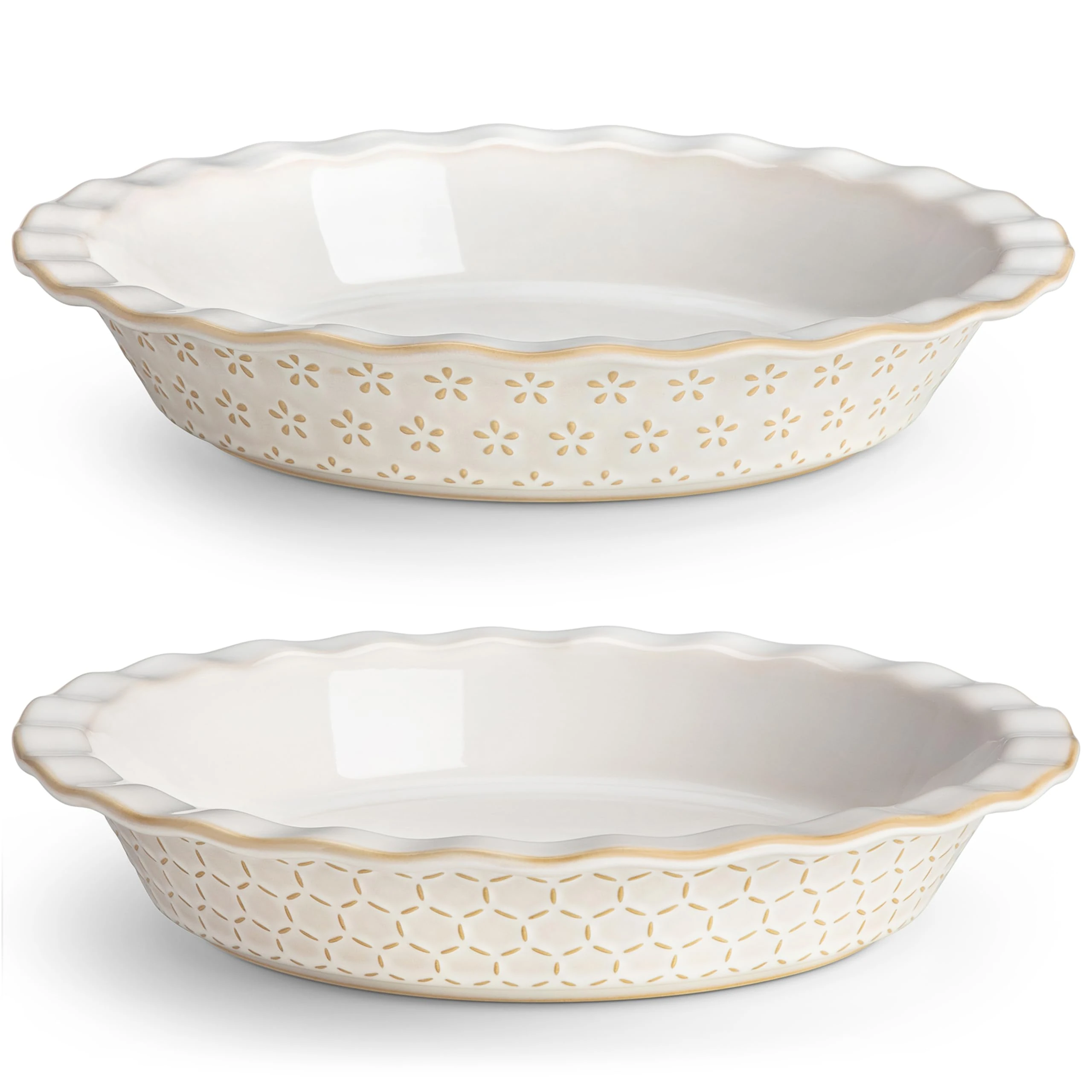 MALACASA 9 Inch Ceramic Pie Dish for Baking with Unique Kiln-Fired Glaze, Non-Stick Fluted Tart Pan, Hexagon Embossed Edge, 45oz, Perfect for Pies, Quiches, Tarts & Desserts, (Series Lydia, 2PC)