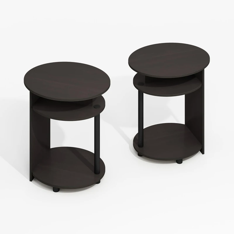 Furinno MODERN Side Table Set of 2, 3-Tier Round Oval Tabletop End Table with Open Shelf, Easy Assembly Night Stand, Bedside Table with Open Shelf, for Living Room, Bedroom, Black Walnut