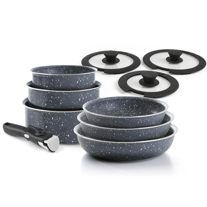 Qulinart - Pressed Aluminium Cookware - 3 Frying Pans 20, 24 and 28 cm + 3 Saucepans 16, 18 and 20 cm + 3 Lids + 1 Removable Handle - Black