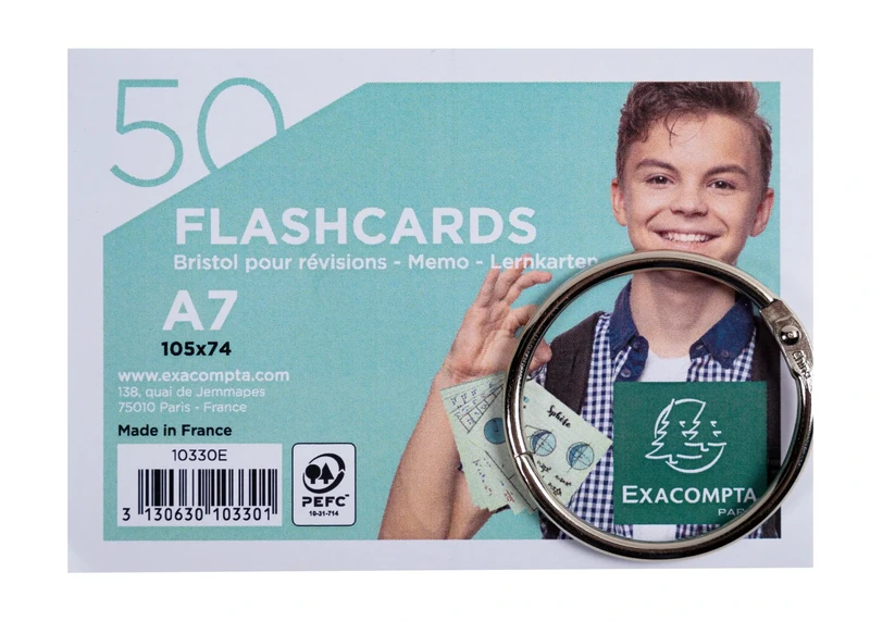 Exacompta - Ref 10330E - Box of 19 Packs of 50 flashcards in Film + Ring - Perforated Lined Bristol - A7 Format - Random Colour: White, Pink, Blue, Yellow, Green