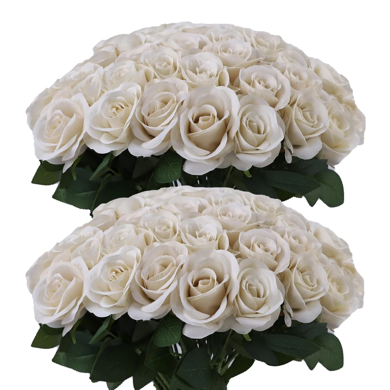 JUSMAI 50pcs Beige Roses Artificial Flowers Beige Silk Roses with Long Stems Fake Flowers for Wedding Bouquet Centerpices Decorations Party Bridal Baby Shower Home Decor