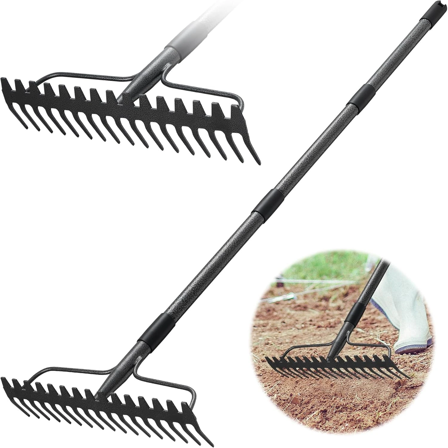 Bow Rake, Metal Rake with 17 Tines, Heavy Duty Garden Rake 160 cm with Stainless Steel Handle, Grey