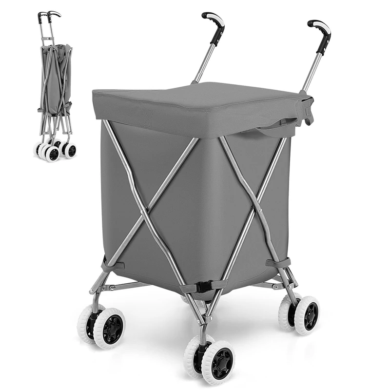 GiantexUK 90L Folding Shopping Trolley on 8 Wheels, Metal Frame Shopping Cart with Large Waterproof Bag and Ergonomic Handles, Lightweight Mobile Grocery Trolley for Home Laundry Supermarket (Grey)