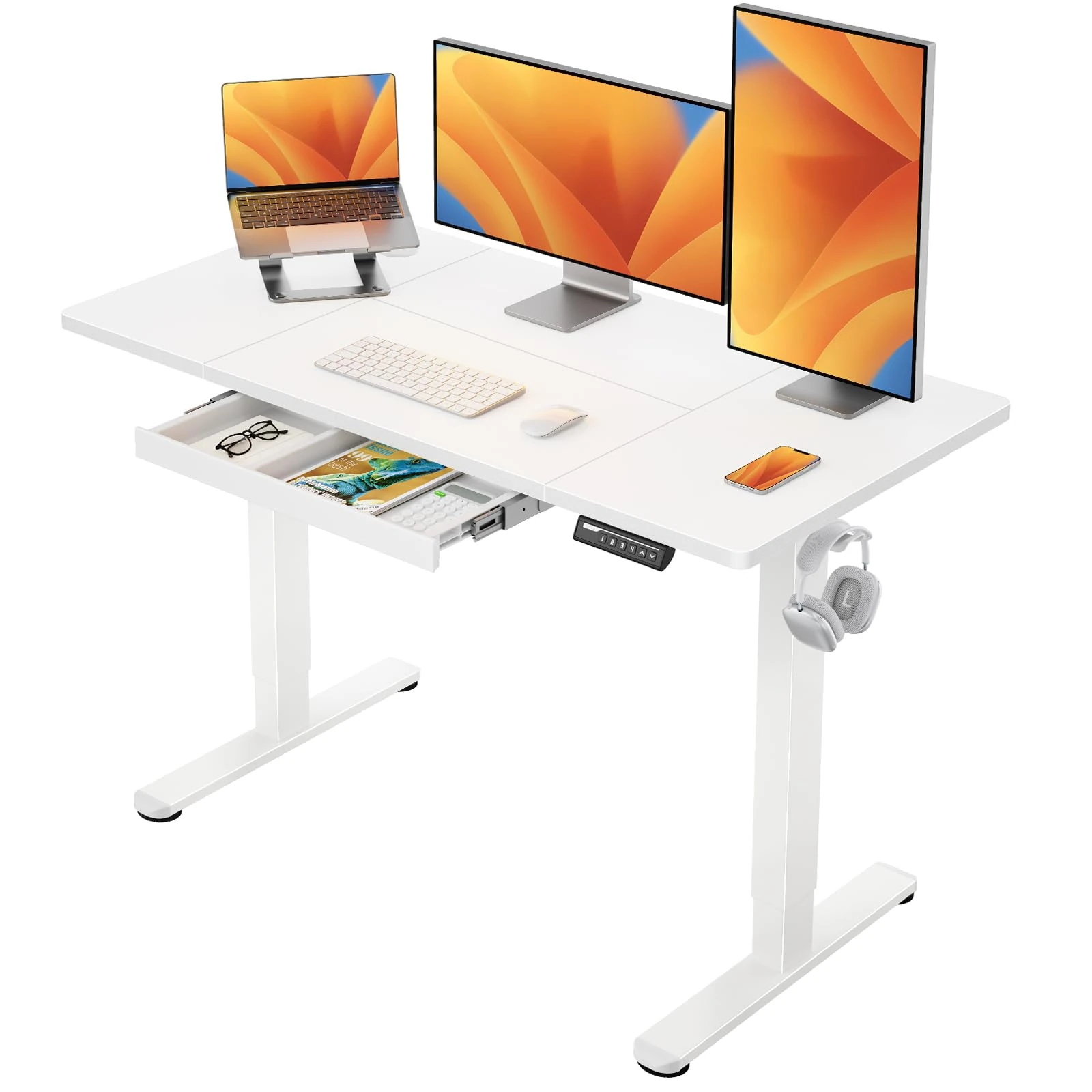 ErGear Electric Standing Desk 120 x 60 cm, Height Adjustable Desk, Sit Stand Table with Easy-Glide Drawer & 4 Memory Smart Pannal, T-Leg Design for Stability, Splice Board, White Frame & Surface