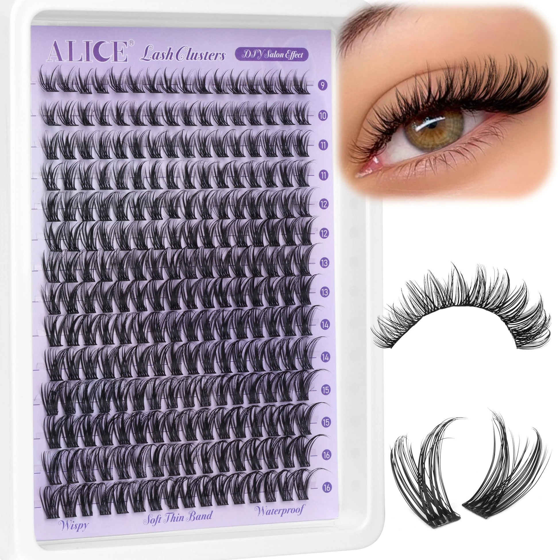 Wispy Lash Clusters Natural Cluster Eyelash Extensions DIY Individual Lashes D Curl Lash Extension Waterproof Cluster Lashes 224pcs 9-16mm Soft Thin Band by ALICE