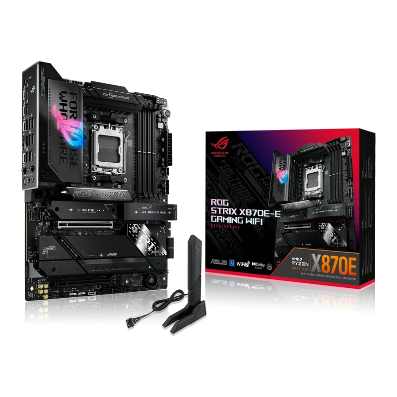 ASUS ROG Strix X870E-E Gaming WiFi, AMD ATX motherboard, 18+2+2 power stages, DDR5 slots, five M.2 slots, PCIe 5.0 with full support for next-gen GPUs, WiFi 7, USB 20G w/ PD 3.0 up to 30W