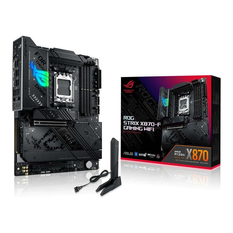 ASUS ROG Strix X870-F Gaming WiFi, AMD ATX motherboard, 16+2+2 power stages, DDR5 slots, four M.2 slots, PCIe 5.0 with full support for next-gen GPUs, WiFi 7, USB 10G w/ PD 3.0 up to 30W