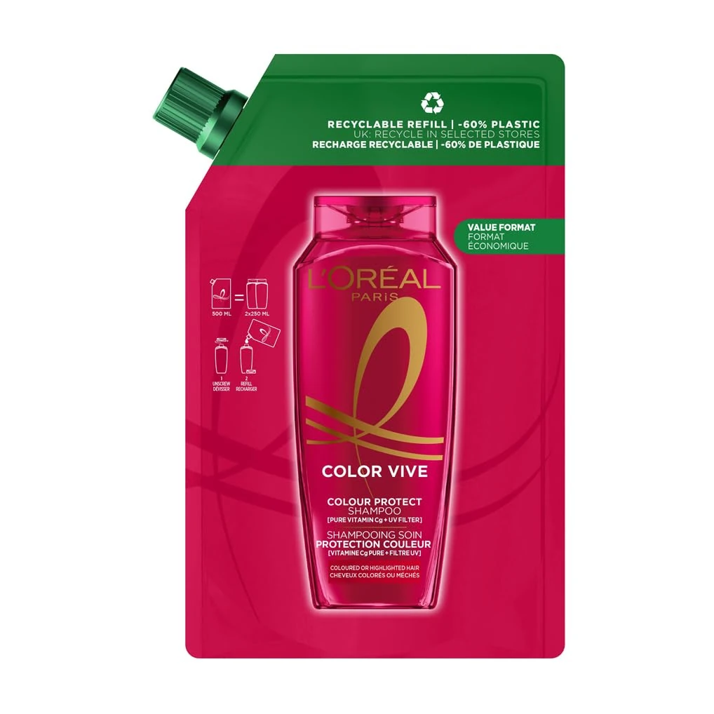 L'Oréal Paris Elvive Colour Protect Shampoo Refill Pouch, with Pure Vitamin Cg and UV filters, for Coloured & Highlighted Hair, Suitable for all hair textures, -60% less plastic, Value format, 500ml