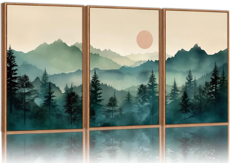 SIGNINART Large Boho Mountain Framed Canvas Wall Art Set, Nature Pine Tree Wall Painting, Abstract Foggy Forest Wall Decor, Modern Sunrise Art Prints for Bedroom Living Room and Office - 16"x24"x3