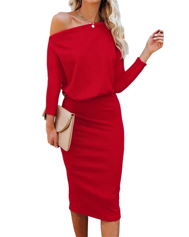 Ezbelle Women's Off The Shoulder 3/4 Sleeve Batwing HIPS-Wrap Pencil Party Sexy Bodycon Midi Dress Loose, Red, M