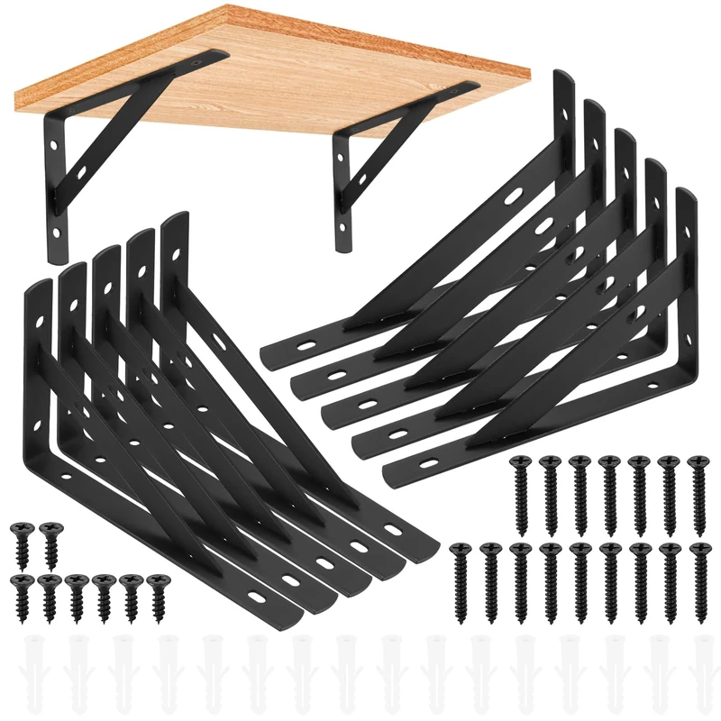 10 Pieces Shelf Brackets Heavy Duty, Wall Mounted Triangle Shelving Brackets, 90 Degree Right Angle Shelf Supporters Brace Brackets, for Living Room Bedroom (10 PCS Black 150x95 mm/6x3.7 inch)