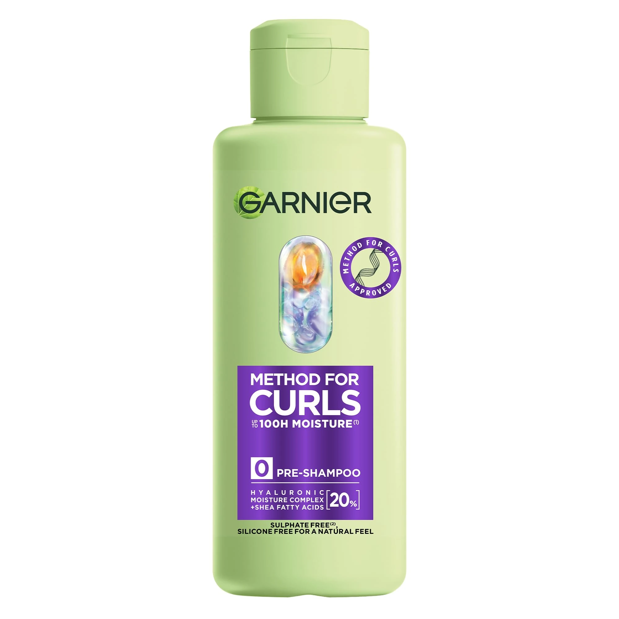 Garnier Method For Curls Moisture Pre-Shampoo, up to 7 days of moisture & curl definition. Designed, tested & approved on all curl types, incl. Type 4 curls & coils. Silicone free, Vegan Formula,150ml