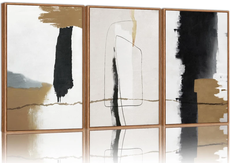 SIGNINART Black and White Abstract Framed Canvas Wall Art Set of 3, Beige Neutral Art Prints, Minimalist Modern Wall Decor for Living Room, Bedroom, Office,Above Couch 16"x24"x3