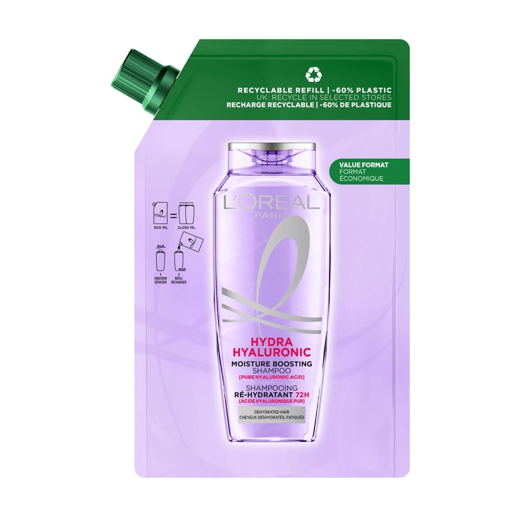 L’Oréal Paris Elvive Hydra Hyaluronic Moisture Boosting Shampoo Refill Pouch, with Hyaluronic Acid, for Dry & Dehydrated Hair, Suitable for all hair textures, -60% plastic, Value format, 500ml