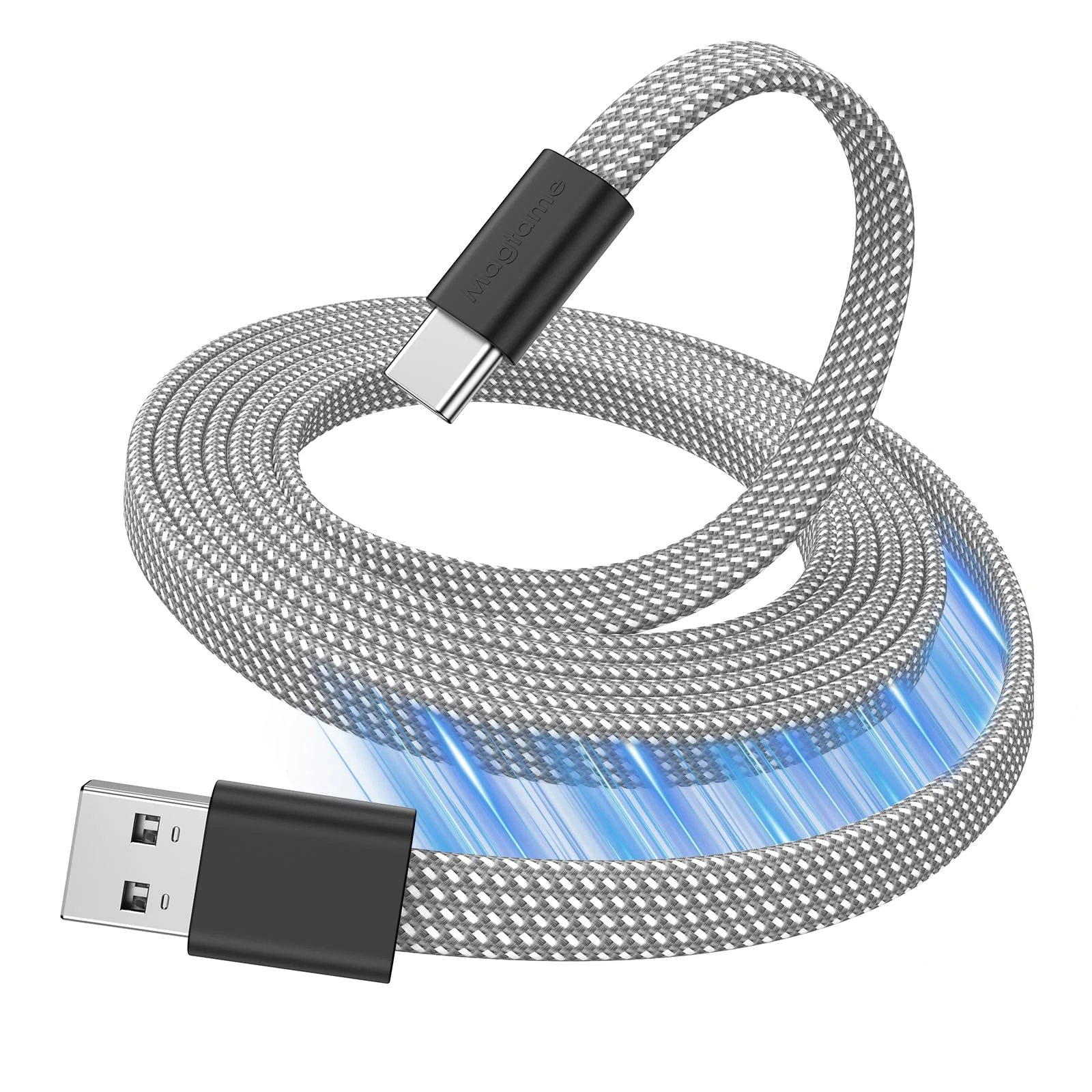 Magtame USB A to USB C Cable,5ft Flat Magnetic Charging Cable, Coiled USB C Cable, Retractable Type C Fast Charging Cable, Flexible USB C Cord Compatible for iPhone 15 Pro Max,Samsung,Pad, Silver