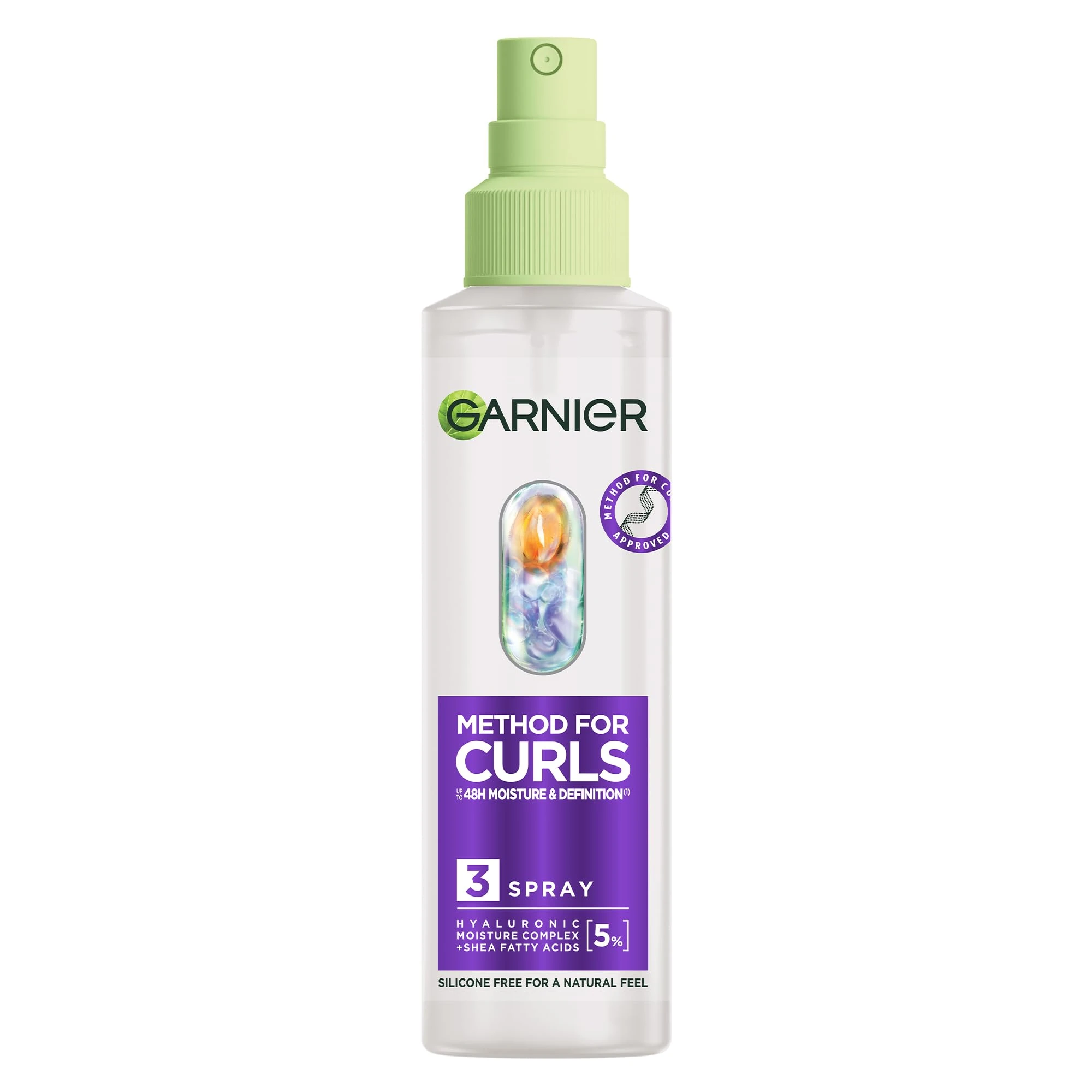 Garnier Method For Curls Moisture Spray, up to 7 days of moisture and curl definition. Designed, tested & approved on all curl types, including type 4 curls & coils. Silicone free, Vegan Formula,150ml