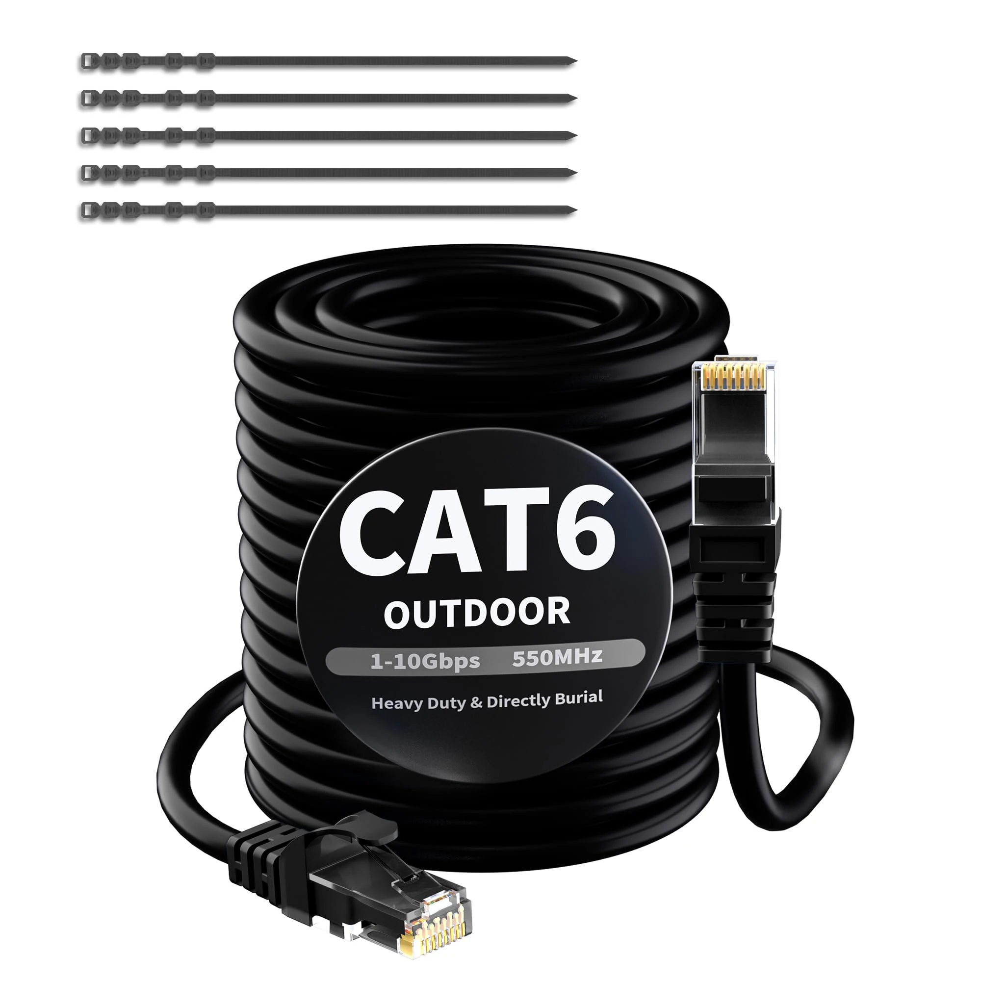 Mygatti CAT 6 outdoor Ethernet cable 100 meters-Black,1.0 Gigabit Heavy Duty Internet network RJ45 cable,durable,waterproof,direct Burial,for POE camera,Router,Modem,with 25 cable ties