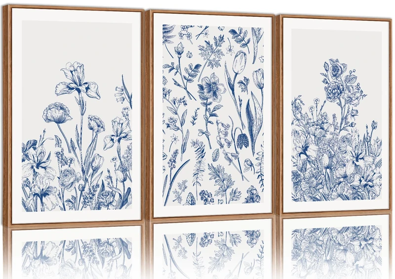 SIGNINART Classic Chinoiserie Framed Canvas Wall Art Set, Blue and White Floral Art Painting, Minimalist Botanical Flower Artwork, Navy Blue Wall Decor for Bedroom, Living Room, Office 16"x24"x3