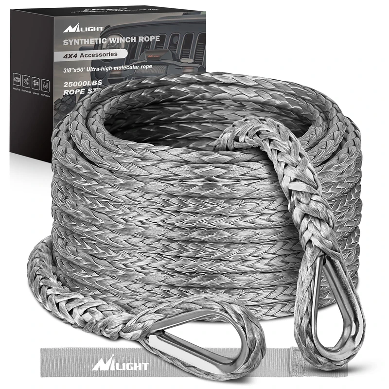 Nilight Synthetic Winch Rope Extension 3/8 Inch x 50 Feet 25,000 Lbs ATV Winch Extension Cable Replacement Tow Ropes Line for Off Road Vehicle Polaris ATV UTV Truck SUV Jeep, Grey
