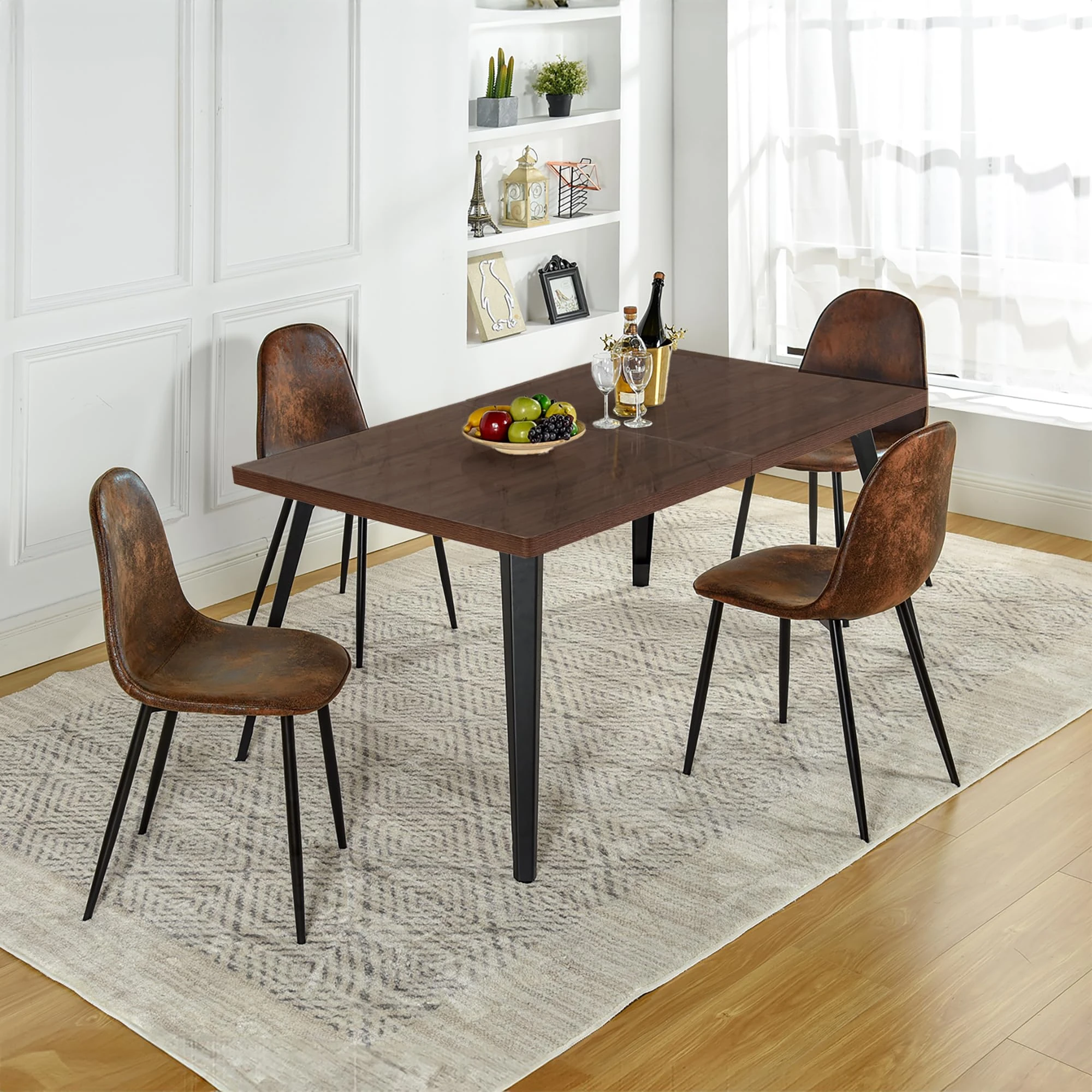 Homy Casa Rectangle Wooden Dining Table set, 150cm Retro Kitchen Table & 4pcs Dining chairs for Dining Room, Vintage extending table, Rustic Brown & Black (Dining table & 4 Round chairs set)