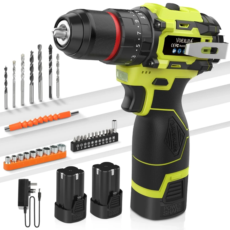 VOERJIA 16.8V Cordless Drills, Battery Drill with 2*2000mAh Batteries, 50N.m Max Hammer Drill, 20+3 Torque Electric Drills, 3/8" Chuck & 2 Spees LED Brushless Drill Set, 34Pc DIY Power Tools for Home